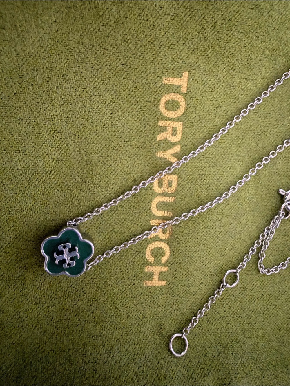 Tory Burch Green Clover Logo Pendant Necklace with Silver Chain 16-18 inches